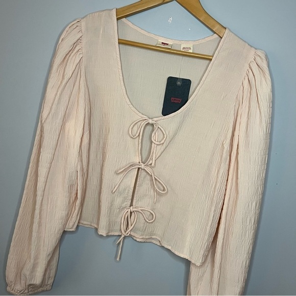 Levi’s Fawn Tie Ruched Stripe Sunny Cream White Blouse Size XLarge NWT - Picture 5 of 16